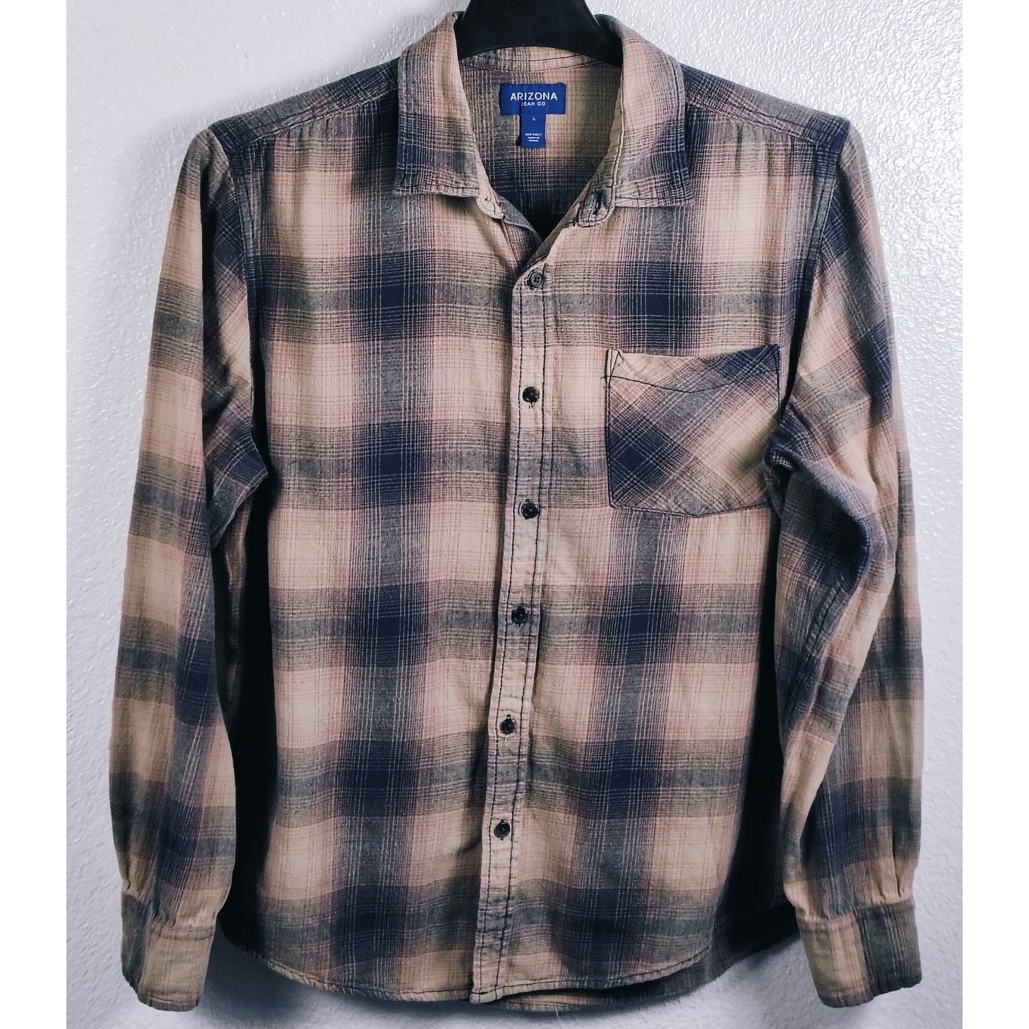 Arizona Jean Co Mens Large Plaid Button Up Shirt Long Sleeve Brown Blue